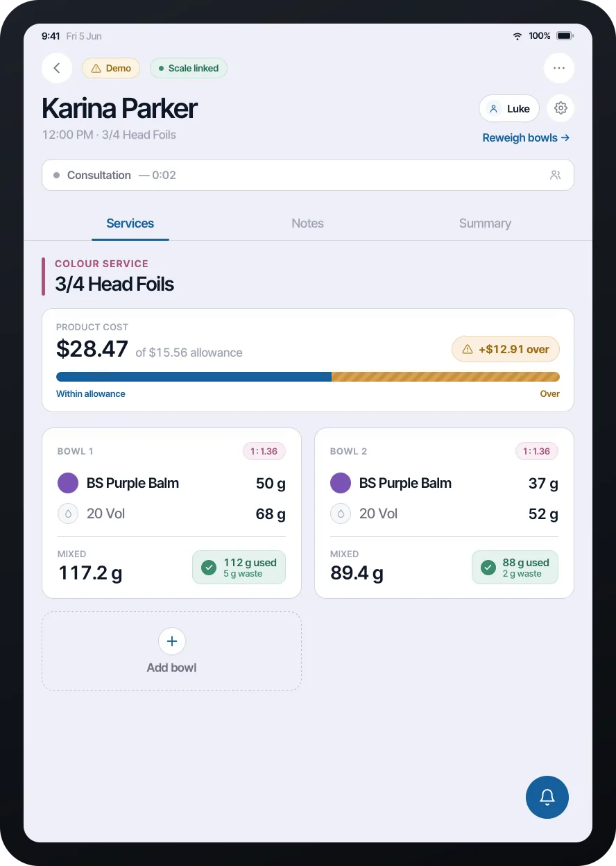 Mane Colour Bar on an iPad, one colour service with two bowls, each showing grams mixed, grams used and grams left in the bowl, above a meter of product cost against the service allowance